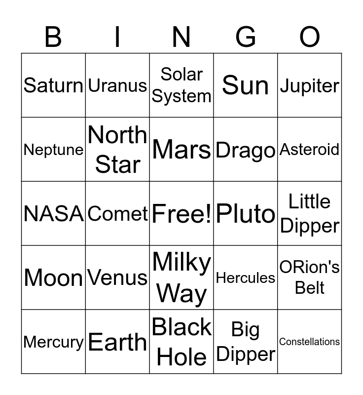 Astronomy Bingo Card