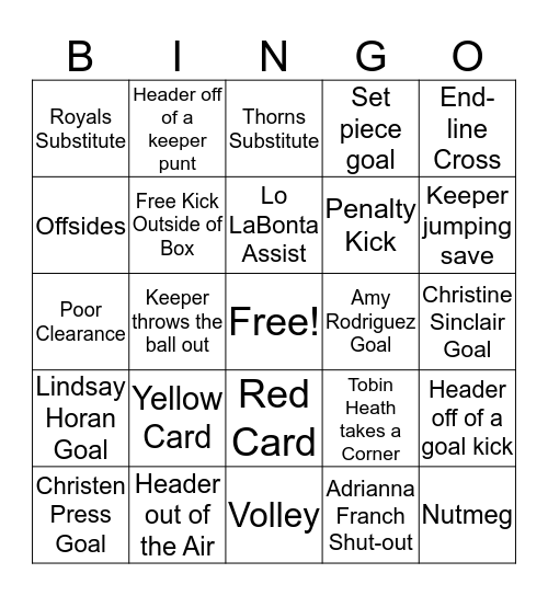 Royals vs Thorns Game Bingo Card