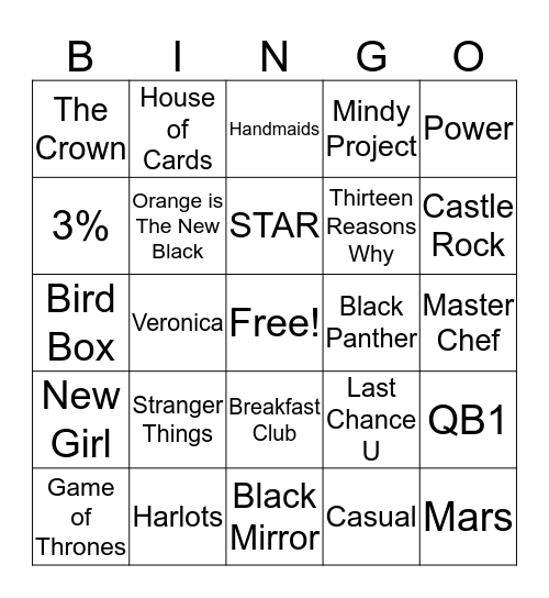 Netflix & Hulu Bingo Card