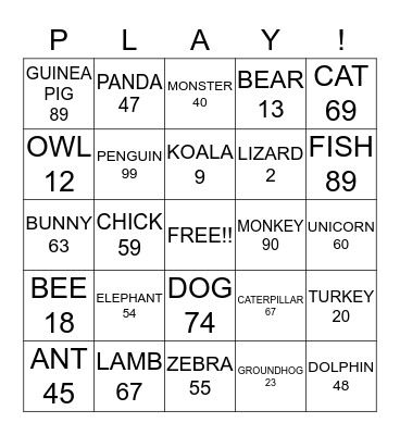Animals play...BINGO!!!!!! Bingo Card