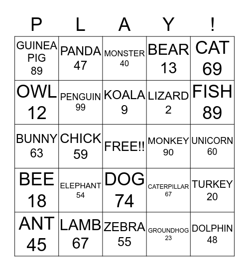 Animals play...BINGO!!!!!! Bingo Card
