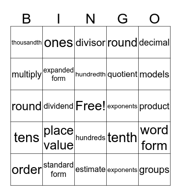 My Math Scavenger Bingo Card
