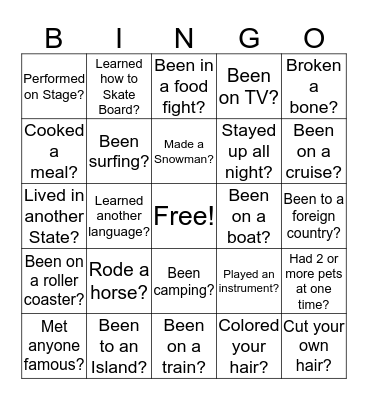Have you ever? Bingo Card