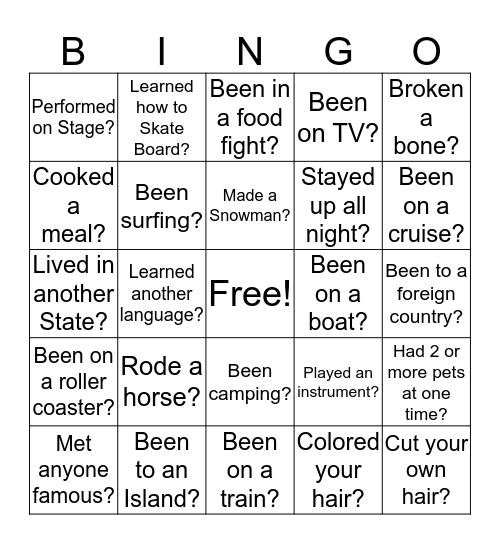 Have you ever? Bingo Card