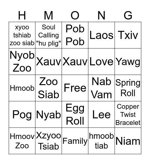The Lee Hmong New Year 2019-2020 Bingo Card