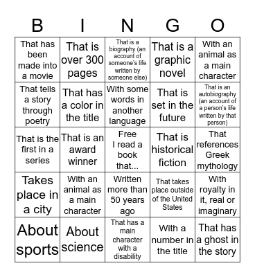 Summer Reading Bingo Card