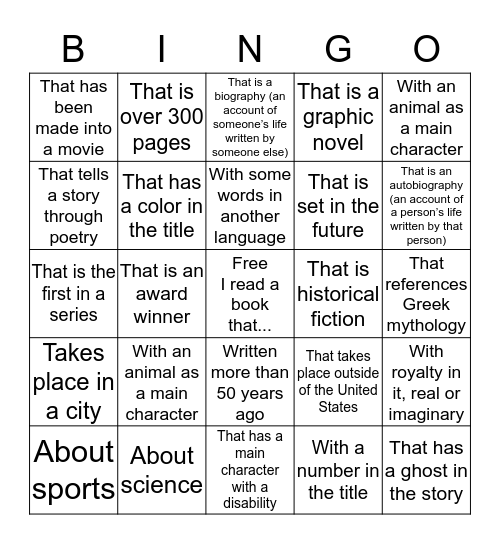 Summer Reading Bingo Card