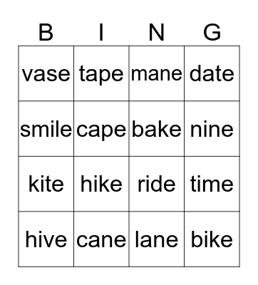 Phonics Long Vowels 1 Bingo Card