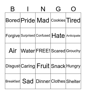 Physical and Emotional Bingo Card