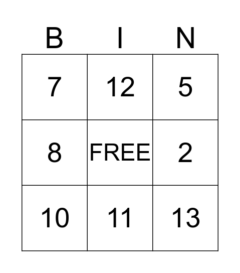 Numbers Bin Bingo Card
