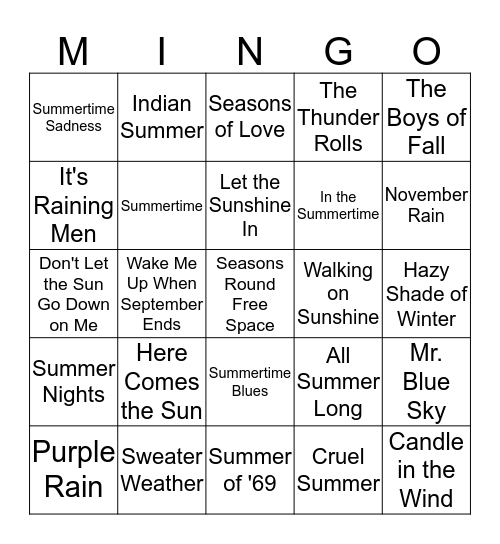 Seasons/Weather/Months Bingo Card