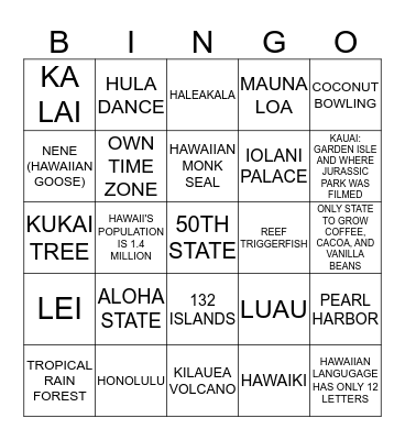 HAWAII Bingo Card