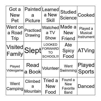 What I Did This Summer Bingo Card