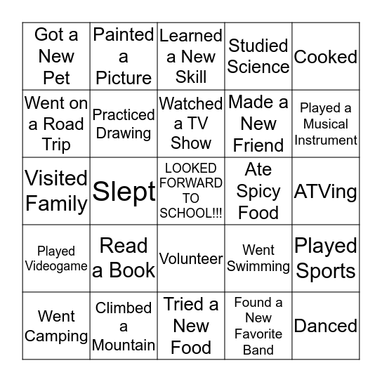 What I Did This Summer Bingo Card