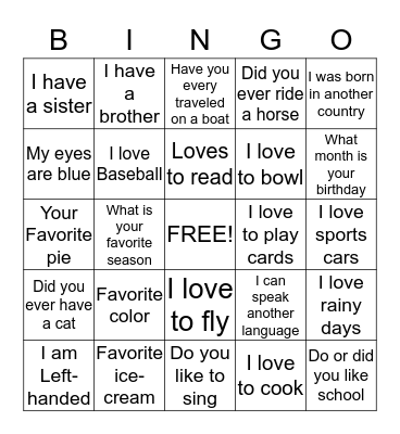 New Friends Bingo Card