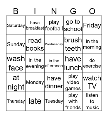 Day by day Bingo Card