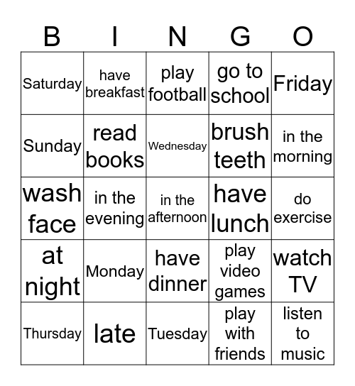 Day by day Bingo Card