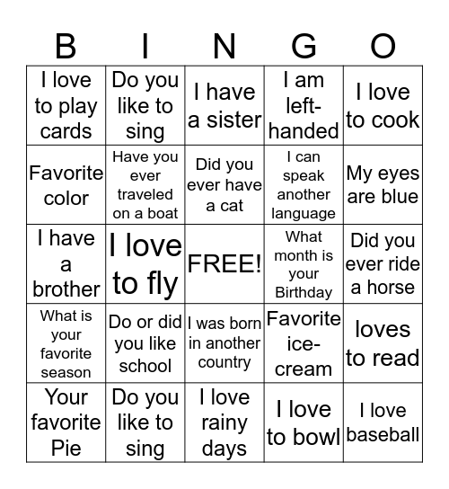 New Friends Bingo Card