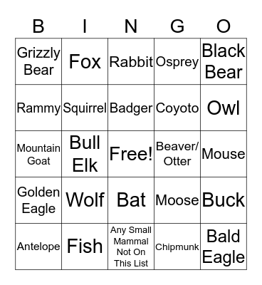 Yellowstone Animals Bingo Card