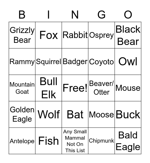 Yellowstone Animals Bingo Card