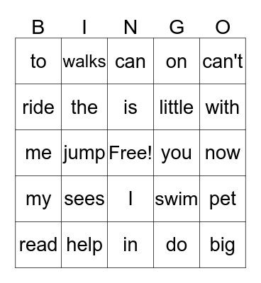 PP1 Vocabulary Bingo Card