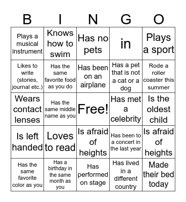 Getting To Know Your Classmates Bingo Card