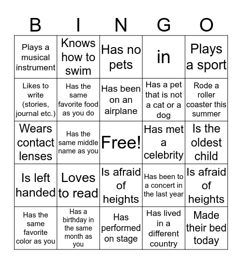 Getting To Know Your Classmates Bingo Card