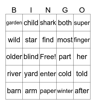 Spelling Words Bingo Card