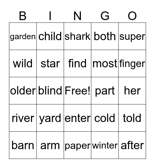 Spelling Words Bingo Card