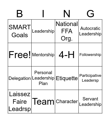 2.1 Leadership Vocabulary Bingo Card