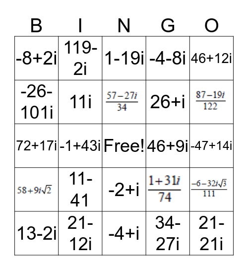 Complex Numbers Bingo Card