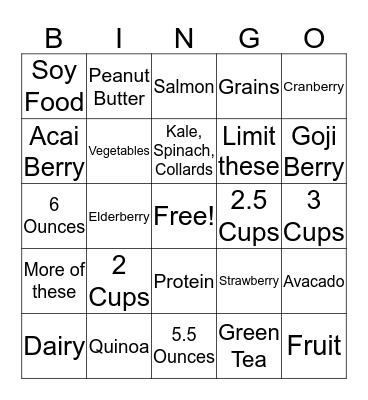 Nutrition Bingo Card