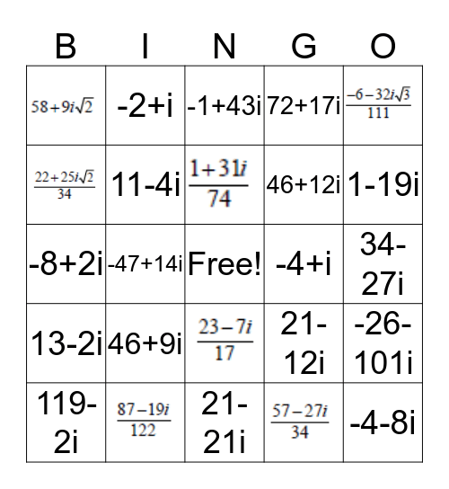 Complex Numbers Bingo Card