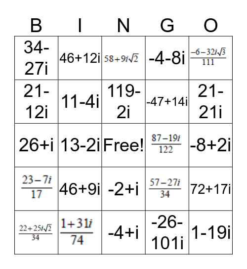 Complex Numbers Bingo Card