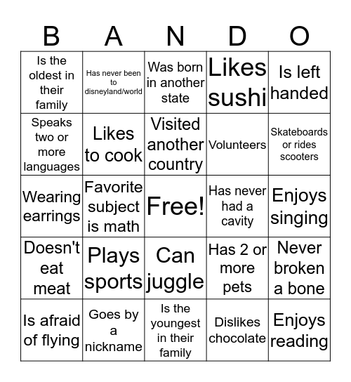 Bando Bingo Card