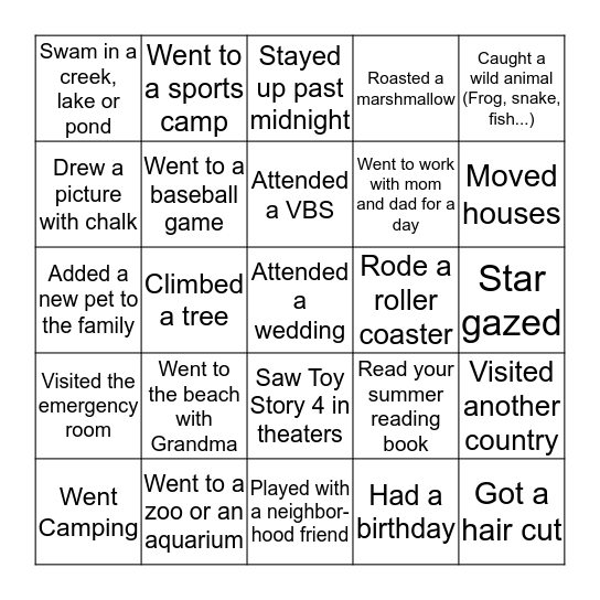 Summer Fun Bingo Card