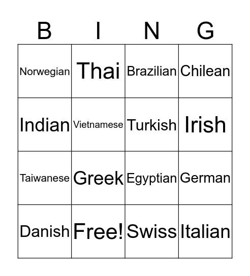 Nationalities Bingo Card