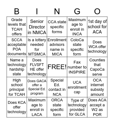 CA Schools Bingo Card