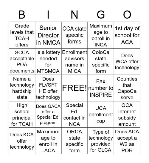 CA Schools Bingo Card