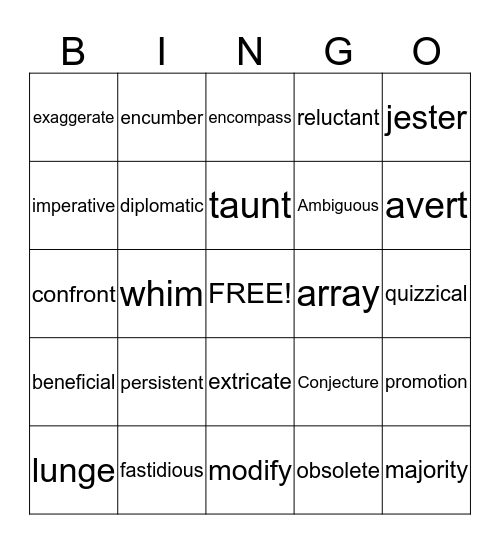 Vocabulary Bingo Card