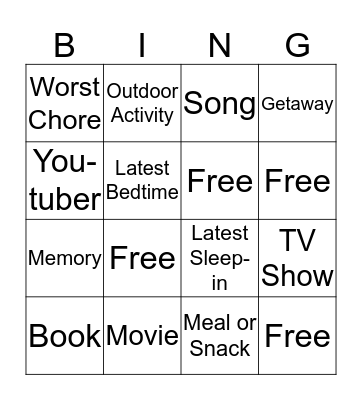 Summer Favorites Bingo Card