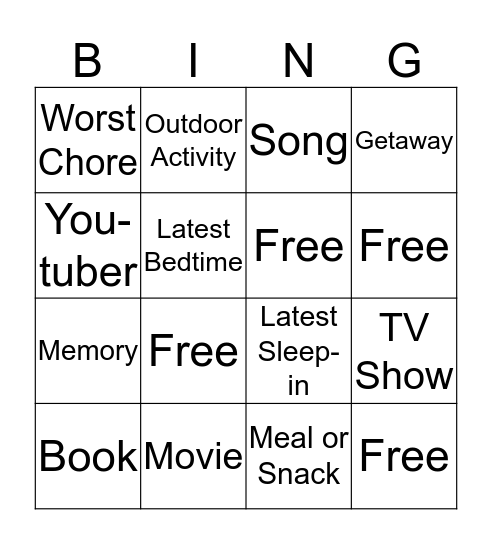 Summer Favorites Bingo Card