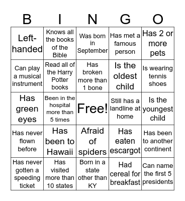 Getting to Know You Bingo Card