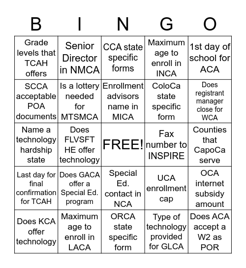 CA Schools Bingo Card