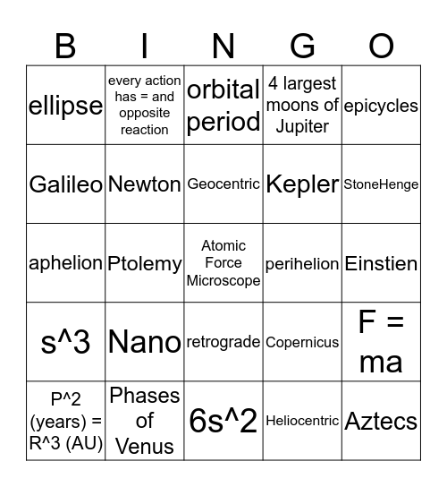 History of Astronomy Bingo Card