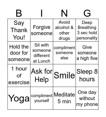 Mental Health Bingo Card