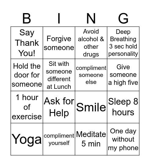 Mental Health Bingo Card