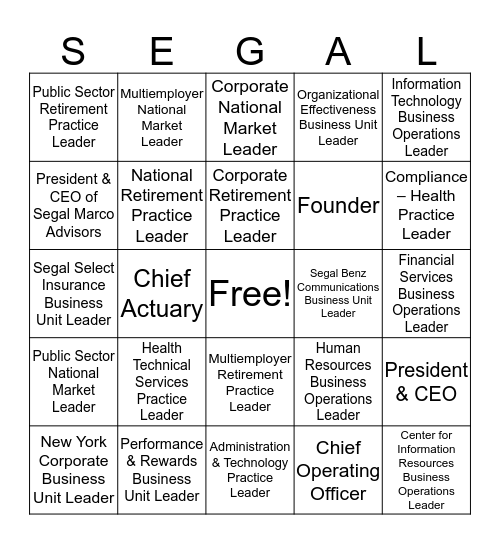 Segal Organizational Leaders Bingo Card