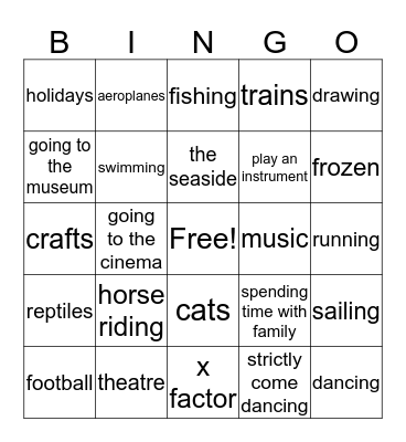Things I Like Bingo Card