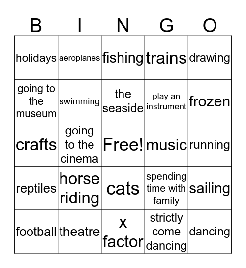 Things I Like Bingo Card